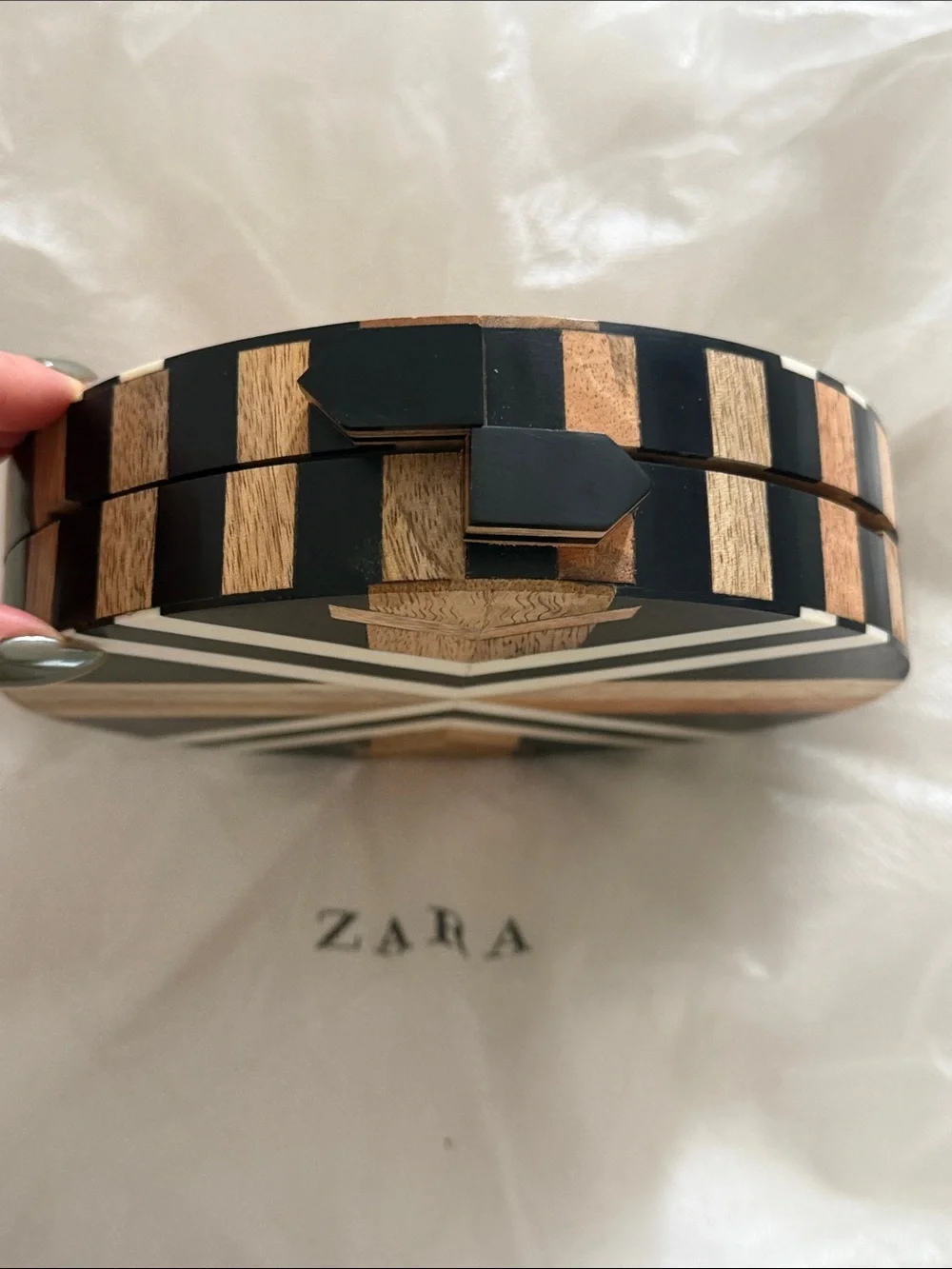 ZARA Black, White and Wood Round Geometric Crossbody Bag